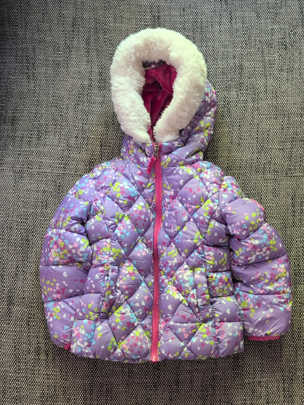 Snozu Purple Quilted Puffer Jacket with Pink Trim and White Faux Fur Hood